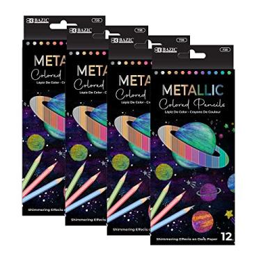 Imagem de BAZIC Conjunto de lápis de cor metálicos com 12 tons brilhantes pré-afiados para desenho de colorir, materiais de arte profissionais para artistas (pacote com 12), pacote com 4