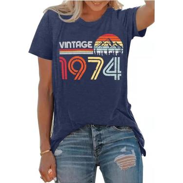 Imagem de Camisetas femininas vintage 1974 para presente de aniversário de 50 anos, retrô, casual, de manga curta, Azul, P