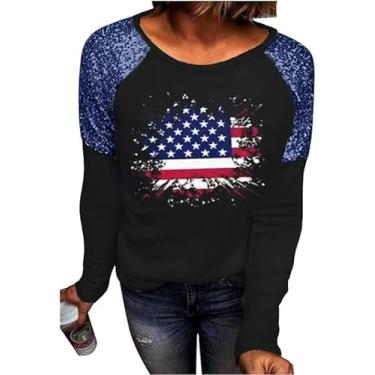 Imagem de Decogiver Camiseta feminina Memorial Day bandeira americana 4 de julho EUA estrelas listras manga longa camisetas patrióticas, Bandeira azul preta - azul marinho, XXG