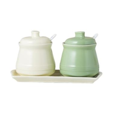 Imagem de YMYL Açucareiro de cerâmica com bandeja, tampa e colher, pacote com 2 frascos modernos de açúcar para fazenda, recipiente de sal para açúcar, pimenta, café, especiarias, sal, lavável na lava-louças