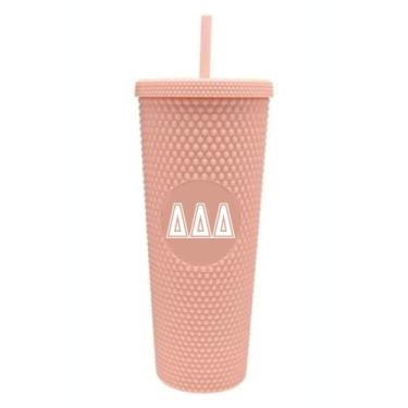 Imagem de Sororiy Shop Copo triplo delta cravejado com canudo - copo de 680 g com tampa e canudo, coral fosco, copo de plástico reutilizável com letras gregas impressas em tela para água, café gelado ou