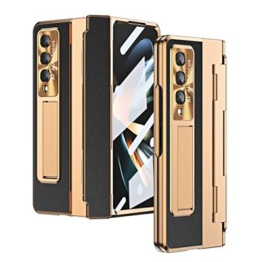 Imagem de POYUFRG Capa galvanizada de luxo para Samsung Galaxy Z Fold 6, proteção de dobradiça de lente de metal, capa de couro fina invisível à prova de choque, preta