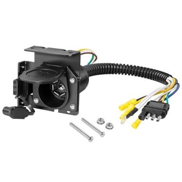 Imagem de Oyviny Adaptador de chicote de cabos de reboque de 4 vias para lâmina redonda de 7 vias e 4 vias para o lado do veículo, conector de saída dupla de 4 pinos para o lado do reboque de 7 pinos e 4 pinos com suporte de montagem para caminhão RV (preto)