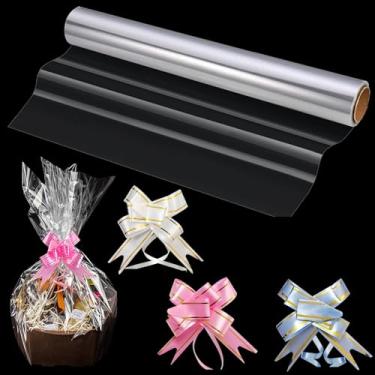 Imagem de Papel de embrulho transparente de celofane 40,6 cm x 2,5 m, papel celofane transparente, cestas de presente com 30 peças de laços de puxar para cestas de presente, petiscos de embrulho de flores