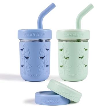 Imagem de Pandaloo® Copo infantil Mason Jar - Copo de vidro à prova de derramamento de 227 g com canudo e tampa de silicone, manga antiderrapante, copos de lanche infantis sem BPA - Copos de smoothie perfeitos