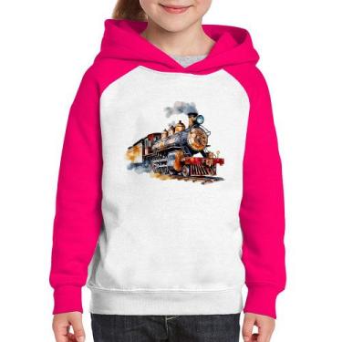 Imagem de Moletom Infantil Trem Watercolor - Foca na Moda, Branco, Rosa, 4