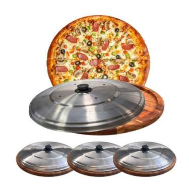 Imagem de Kit 3 Suportes Bandeja Para Cortar E Servir Pizza 30Cm Com Tampas - Br
