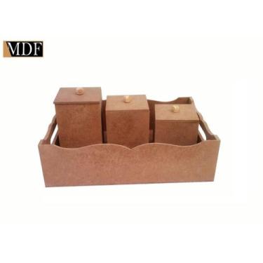 Imagem de Cesto Bebê Liso com Alça e 3 Potes Mdf Madeira - ATACADÃO DO ARTESANAT