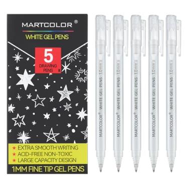 Imagem de MARTCOLOR Canetas de gel brancas, pacote com 5, caneta de tinta gel de ponta extra fina de 1 mm, canetas de tinta de arquivo opacas para desenho de papel preto, destaque de arte, esboço, ilustração,