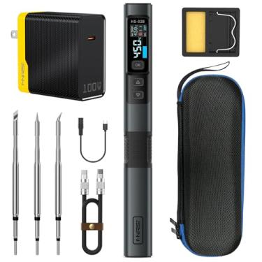 Imagem de FNIRSI Kit de ferro de solda portátil HS-02B 100W com fio, aquecimento rápido 2S, 100-450 °C, temperatura pré-definida para 3 grupos, 3 210 pontas de solda, caneta de ferro de solda digital