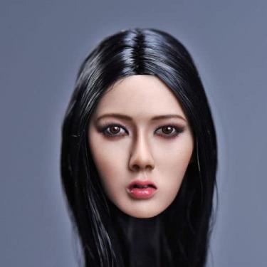 Imagem de RoofWorld 1/6 Female Head Sculpt Asian Girl Planted Long Hair Custome Head Carved Series Carving Model Toy Miniature People Figurines for 12 Inches Tbleague Phine Action Figure White Body