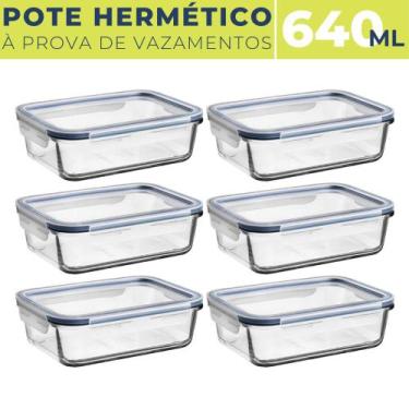 Imagem de Kit 6 Potes de Vidro Retangular 640ml c/ Tampa Hermética BPA - Quality