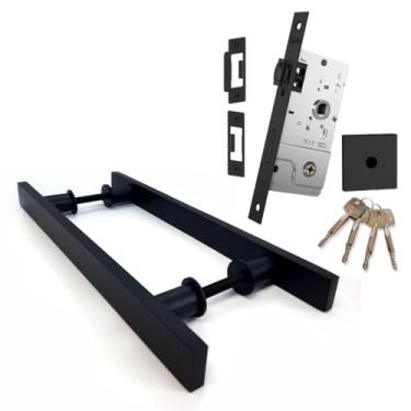 Imagem de Kit Puxador Porta Madeira Entrada Preto 60cm Duplo + Fechadura Residencial Rolete Pivotante Stam Tetra Roseta Quadrada