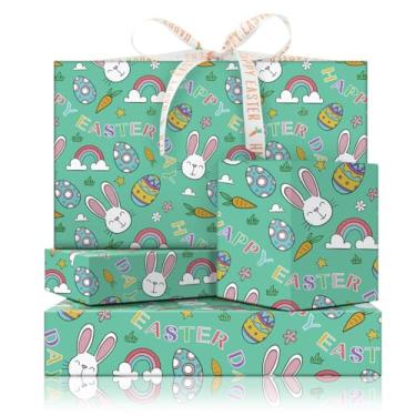 Imagem de Papel de embrulho Happy Easter com 4 folhas com conjunto de fitas, coelhinhos fofos e ovo colorido em papel de embrulho verde, embrulho de presente plano dobrado para meninos, meninas, Páscoa, chá de