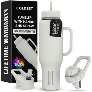 Imagem de Copo Coldest com alça e canudo - Copo isolado 100% à prova de vazamento com tampa e canudo (3 tampas) - Copos de aço inoxidável para mulheres e homens - Base compatível com porta-copos, 1,304 g