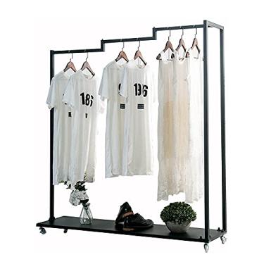 Imagem de CUTPOIY Trilhos de roupas, 3 varões de pendurar altos e baixos e 4 universais multifuncionais móveis para loja de roupas de chão, suporte para sapatos (preto 140 cm)