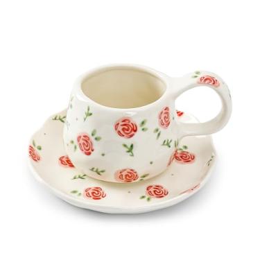 Imagem de Koythin Conjunto de canecas de café de cerâmica com pires, 250 ml / 226.8 g Caneca de café floral fofa irregular, copos de coquete para cappuccino, cacau (rosa vermelha vintage)