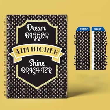 Imagem de Julho de 2025 a junho de 2026, caderno espiral, calendário diário A5 tamanho 15 x 21 cm, capa dourada preta, mensal, semanal, livro de compromissos, 142 páginas, agenda escolar e escritório, com