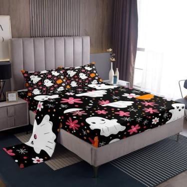 Imagem de jejeloiu Jogo de lençol infantil casal com estampa de fantasma de desenho animado de abóboras, decoração assustadora de Halloween, 4 peças com 2 fronhas