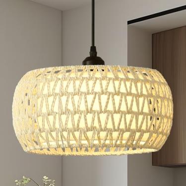 Imagem de JTYP Lustre de vime Boho luminária, 1 luz pendente de fazenda lustres tecidos à mão para sala de jantar com sombra de tecido Lustres rústicos luminárias penduradas para ilha de cozinha