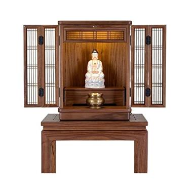 Imagem de Mesa de altar pessoal de nogueira preta norte-americana montada na parede budista nicho budista armário suspenso, deus da riqueza guanyin mesa santuário plataforma de meditação (cor: latão, tamanho