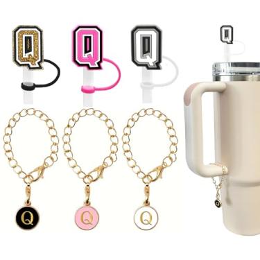 Imagem de (3 +3) 3 peças Stanley Tumbler Cup Straw Cover 10 mm reutilizável tampa de palha topper com 3 pingentes de letra inicial acessórios nome ID alça personalizada charme para copo Stanley 76 ml (Q)