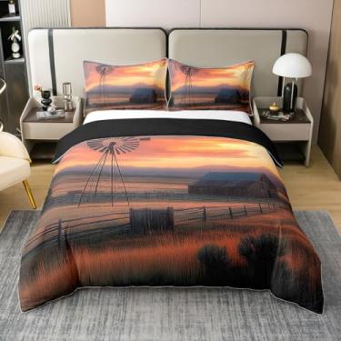 Imagem de Erosebridal Windmill Capa de edredom Queen Size Farm Barn para adultos, homens e mulheres, vintage Western Plains, conjunto de cama rústico com casa de fazenda