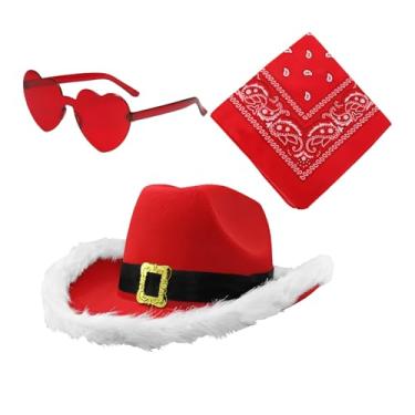Imagem de Rrlihjgu Chapéu de vaqueiro de Santa, chapéu de vaqueira de Natal | Chapéus de cowboy para chapéus de festa - 3x chapéu de festa de natal com óculos de coração, de vaqueira com aba larga