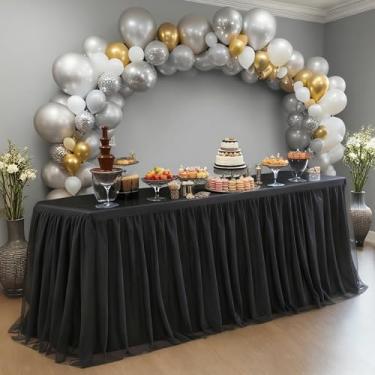 Imagem de Pacote com 1 toalha de mesa preta de tule 2 em 1 para mesa retangular de 1,8 m – saia de mesa elástica e capa para chá de bebê, noiva, aniversário, festa de princesa
