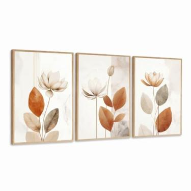 Imagem de Quadros Decorativos Folhagem Terracota Flores Clara Marrom Boho Com Moldura