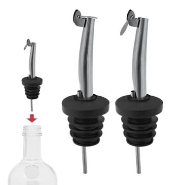 Imagem de Pacote com 2 bicos de garrafa de licor de aço inoxidável com tampas dobráveis - Despejadores de garrafa de álcool de ajuste universal - design antigotejamento, despejo rápido para barman, uísque
