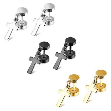 Imagem de Brincos masculinos femininos de aço inoxidável com barra cruzada rosqu