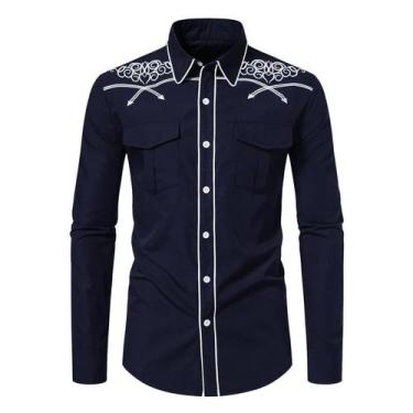 Imagem de Camisa masculina KISSQIQI, Western Cowboy, bordada em azul marinho, ju