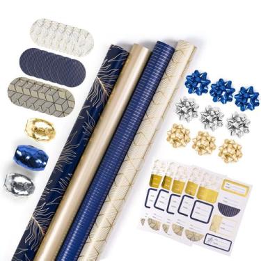 Imagem de Conjunto de papel de embrulho WRAPAHOLIC Navy com ouro e acessórios