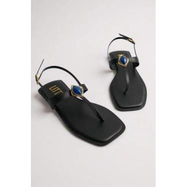 Imagem de Sandalia Rasteira Feminino Littz Com Fivela E Pedraria Preto/Turquesa/