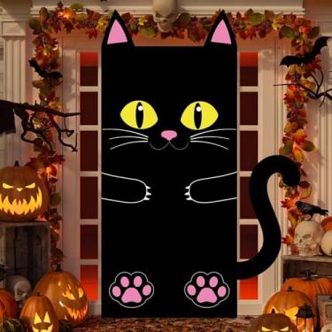 Imagem de Capa de porta de gato preto Halloween faixa de porta de festa de Halloween adereços de foto de gato assustador decorações de decoração de doces ou travessuras sinal de varanda para casa, quintal