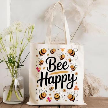 Imagem de Inspirational Bee Happy Canvas Tote Bag para mulheres, linda abelha de mel, reutilizável, mercearia, bolsa de ombro para compras, viagens, trabalho, academia