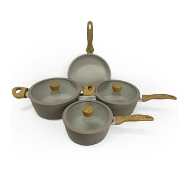 Imagem de Jogo de Panelas 4 Peças Antiaderente Cerâmica Compatível Fogão Gás e Indução(Bege)