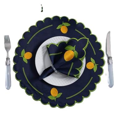 Imagem de Kit 12 Pçs 6 Lugares Mesa Posta Sousplat Jogo Americano Limão Siciliano Bordado (Jogo Americano + Guardanapo), Cor Azul marinho