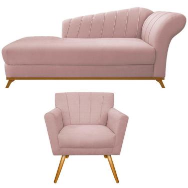 Imagem de Kit Diva Recamier Vanessa 140cm Lado Esquerdo E 01 Poltrona Laura Suede Cor Rosê