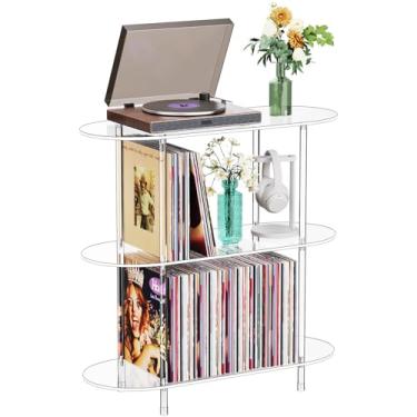 Imagem de Bekugee Suporte para toca-discos de acrílico transparente com armazenamento de vinil, 80 cm C x 30 cm L x 78 cm A, mesa giratória lateral oval de 3 níveis com prateleira grande para álbuns, prateleira