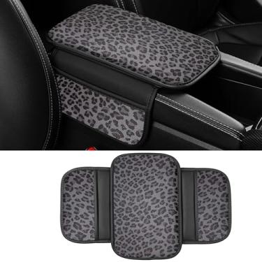 Imagem de Dotesy Capa de console central de carro padrão de vaca, almofada de couro de microfibra para apoio de braço de carro com 2 sacos de armazenamento, caixa de armazenamento universal para carro