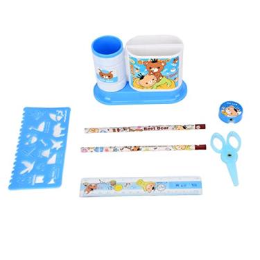 Imagem de Porta-canetas giratório, 2 grades, caixas de lápis de plástico com apontador de lápis, tesoura, régua, modelo de desenho para estudantes, organizador de mesa de escritório (Azul)