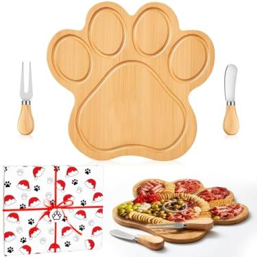 Imagem de Ziliny Conjunto de tábua de charcutaria em forma de pata de cachorro, tábua de corte e queijo, travessa de madeira com facas e garfos, bandejas de servir, presente para Natal, cozinha, comida e frutas