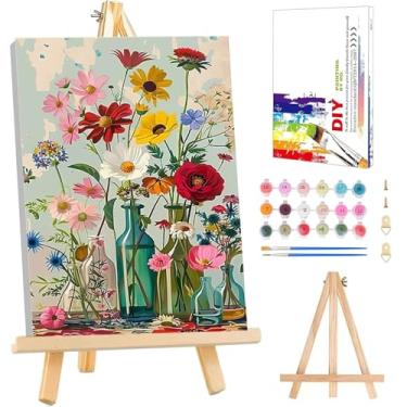 Imagem de Kit de pintura de flores por números para adultos iniciantes - cavalete de madeira, pintura de flores por números com moldura, vaso adulto pintura por números kits em tela, pintura a óleo fácil, arte