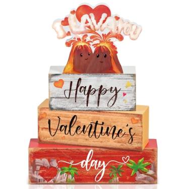 Imagem de Colingmill 4 peças de bandeja em camadas de dia dos namorados vulcão rosa vermelho blocos de madeira placa de mesa centro de mesa decoração de vulcão dos namorados presentes para aniversário de