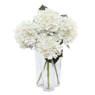 Imagem de DuHouse 3 peças de flores artificiais de hortênsia branca, látex de toque real, hortênsias falsas para buquês de casamento em casa, centro de mesa, decoração de sala de estar (branco)