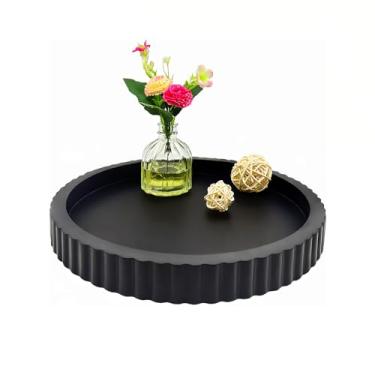Imagem de Bandejas decorativas para mesa de centro, bandeja de centro com borda canelada, bandejas redondas de madeira preta de 28 cm para servir para sala de estar, mesa de jantar de cozinha, entrada (preto)