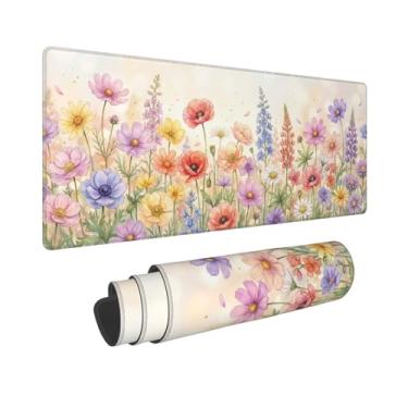 Imagem de DingRound Mouse pad estendido para jogos (70 x 30 cm) - Mouse pad grande antiderrapante para esportes e laptop - base de borracha impermeável com bordas costuradas (jardim pastel)