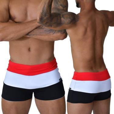 Imagem de Sunga Adulto Boxer Moda Praia Tricolor Vermelho Branco e Preto Proteção UV-Masculino